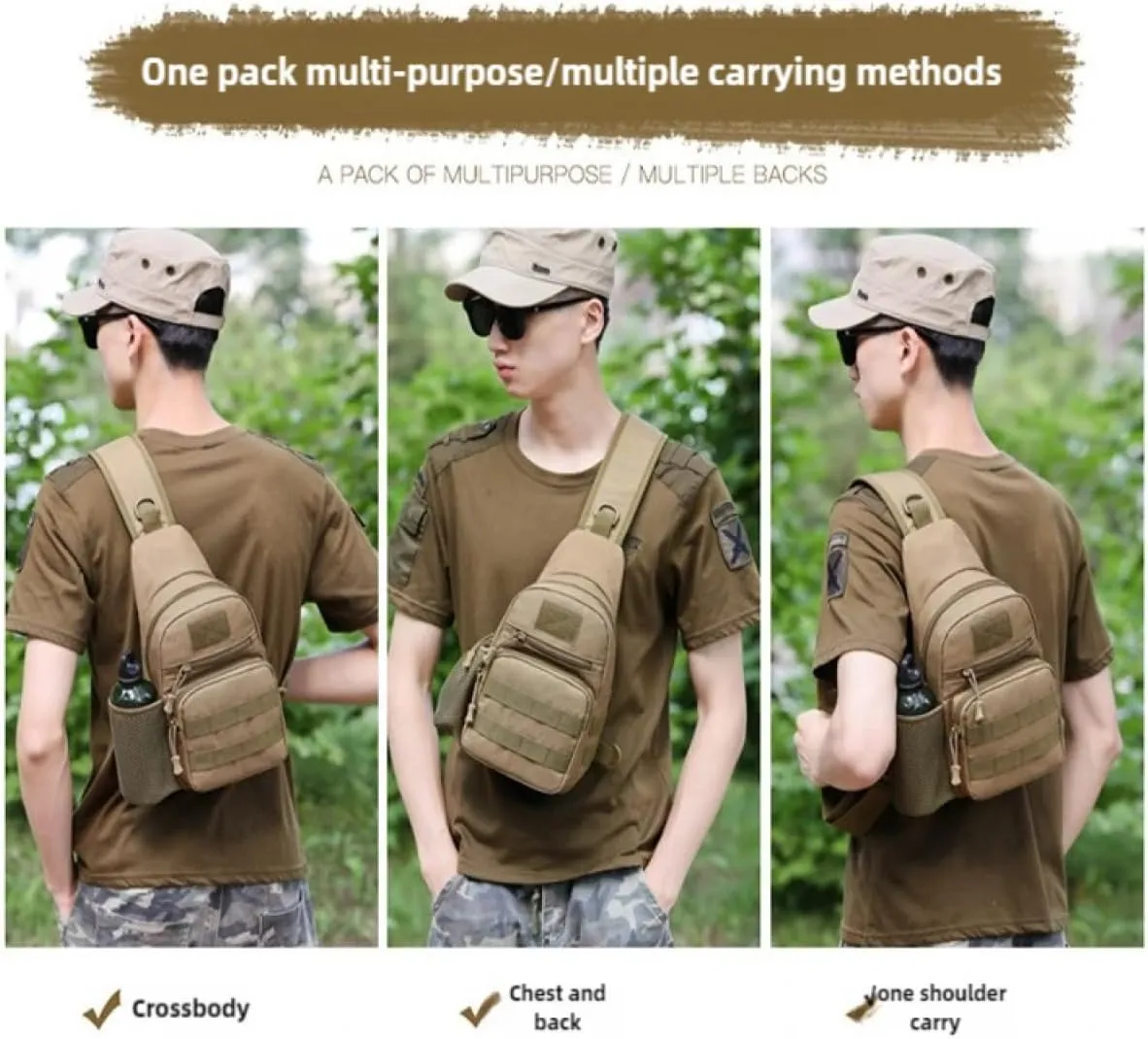 Men's cross - body bag, men's fishing shoulder bag, men's tactical sling bag, MOLLE cross - body bag, chest - shoulder backpack with water bottle holder and pouch, EDC. (CP)