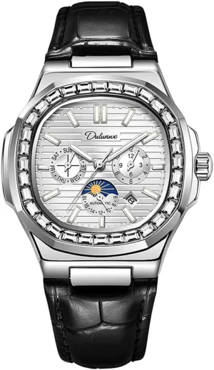 Men's Fully Automatic Mechanical Watch, Fashion Leather Watches Multifunction Date Chronograph Wristwatches, Diamond Moon Phase Waterproof Male Watch