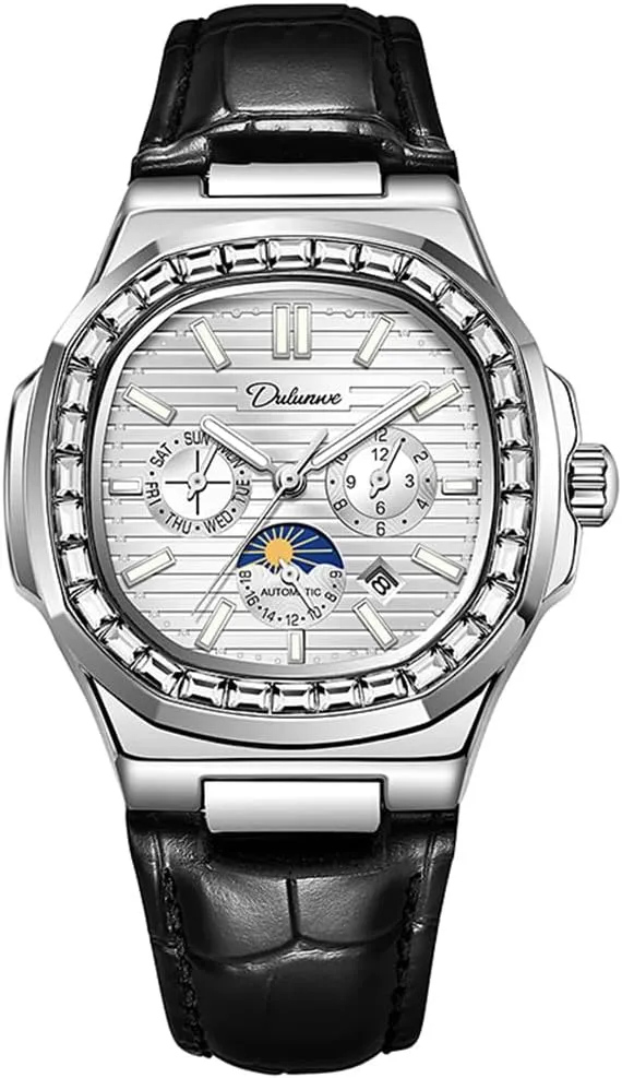 Men's Fully Automatic Mechanical Watch, Fashion Leather Watches Multifunction Date Chronograph Wristwatches, Diamond Moon Phase Waterproof Male Watch