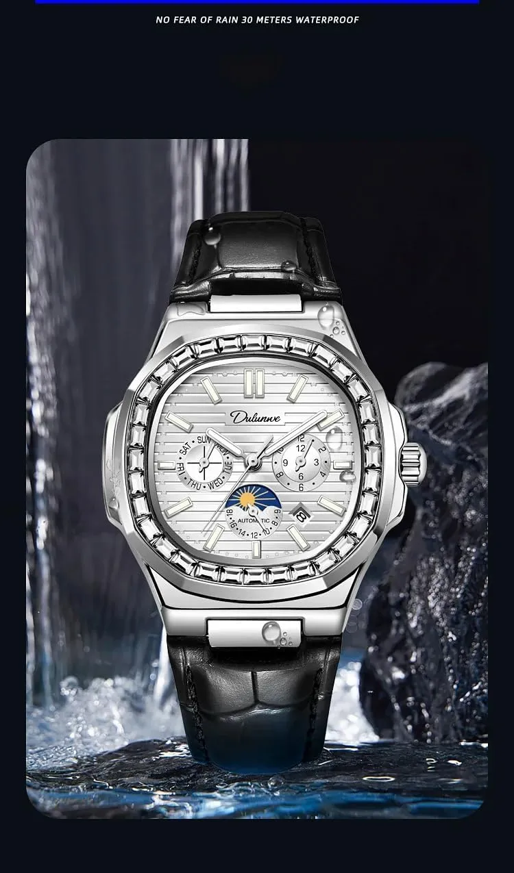 Men's Fully Automatic Mechanical Watch, Fashion Leather Watches Multifunction Date Chronograph Wristwatches, Diamond Moon Phase Waterproof Male Watch