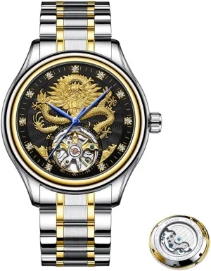 Men's Fully Automatic Mechanical Watch with Tourbillon Hollow Gold Dragon Dial, Luxurious Zirconium Diamond Inlaid Men's Business Watch, Fashionable Mechanical Watch