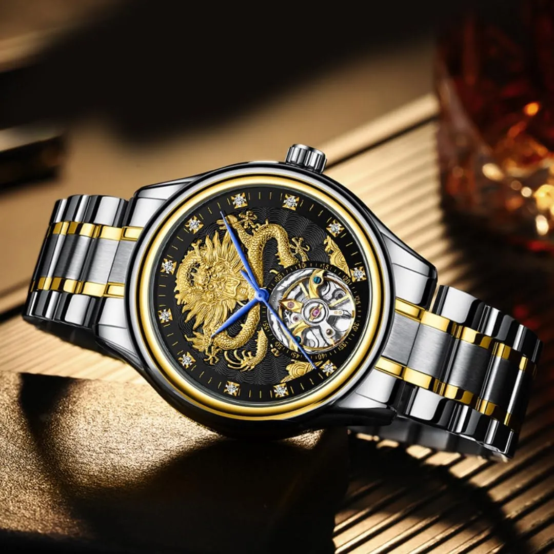 Men's Fully Automatic Mechanical Watch with Tourbillon Hollow Gold Dragon Dial, Luxurious Zirconium Diamond Inlaid Men's Business Watch, Fashionable Mechanical Watch