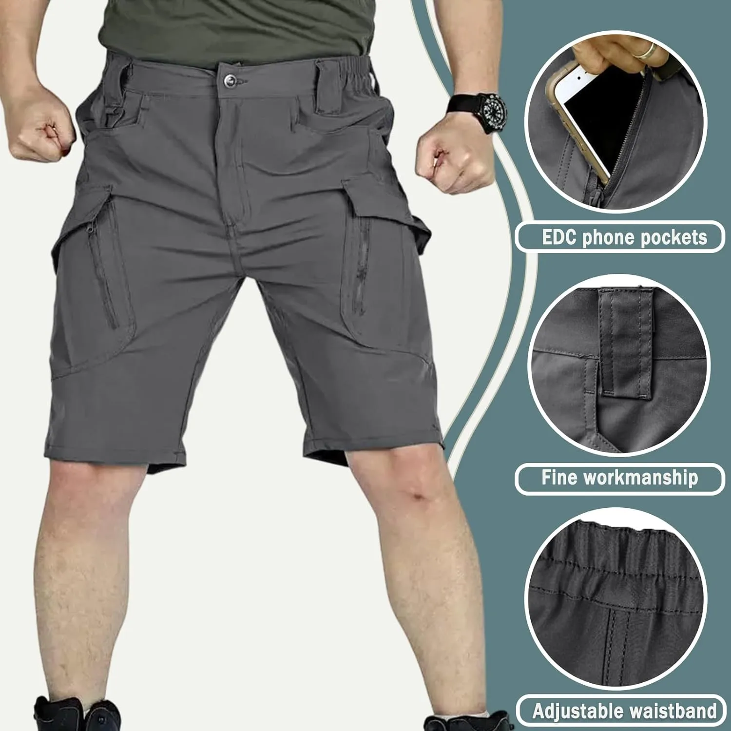 Mens Hiking Cargo Shorts 9 Pockets Quick Dry Lightweight Stretch Tactical Short Outdoor Fishing Campin