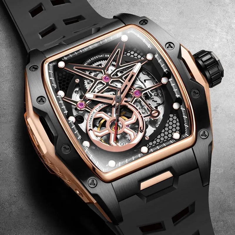 Men's Hollow Watches Sports Outdoor Waterproof Automatic Wristwatch Fashion Black Silicone Strap Luminous Mechanical Watch 2025 New Model