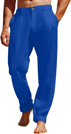 Men's Linen Pants Loose Fit Casual Summer Office Business Dress Pant Lightweight Baggy Beach Plain Vacation Trousers