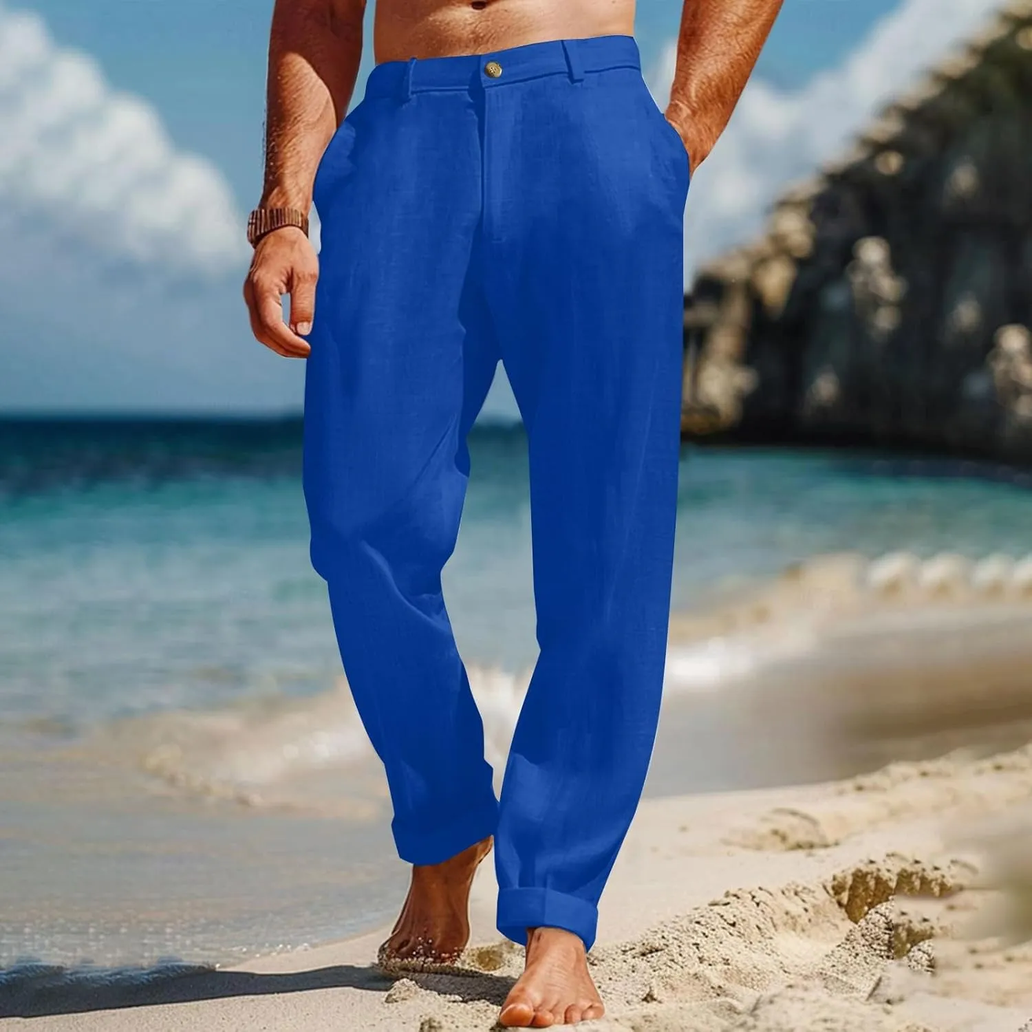 Men's Linen Pants Loose Fit Casual Summer Office Business Dress Pant Lightweight Baggy Beach Plain Vacation Trousers
