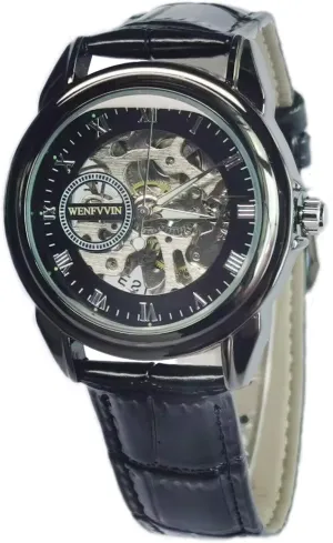 Men's Mechanical Watch Hand Wind Stainless Steel Leather Strap Analogue Wrist Watch