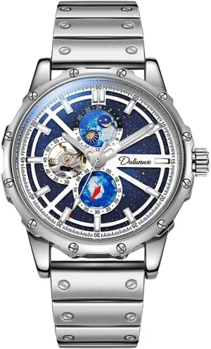Men's Mechanical Watch Moon Phase Starry Sky Dial Luxury Business Stainless Steel Stopwatch Waterproof Night Glow Automatic Watches
