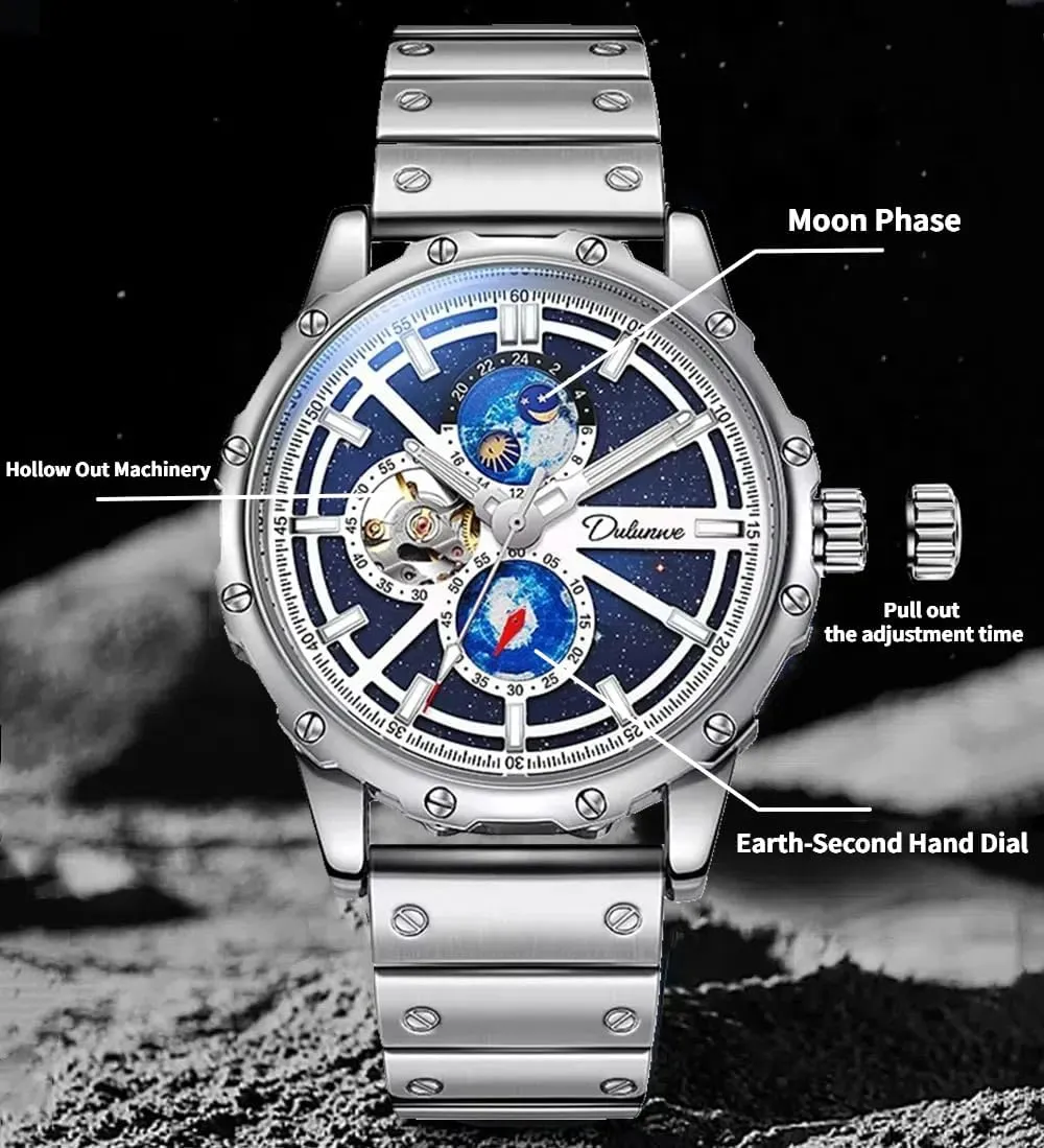Men's Mechanical Watch Moon Phase Starry Sky Dial Luxury Business Stainless Steel Stopwatch Waterproof Night Glow Automatic Watches
