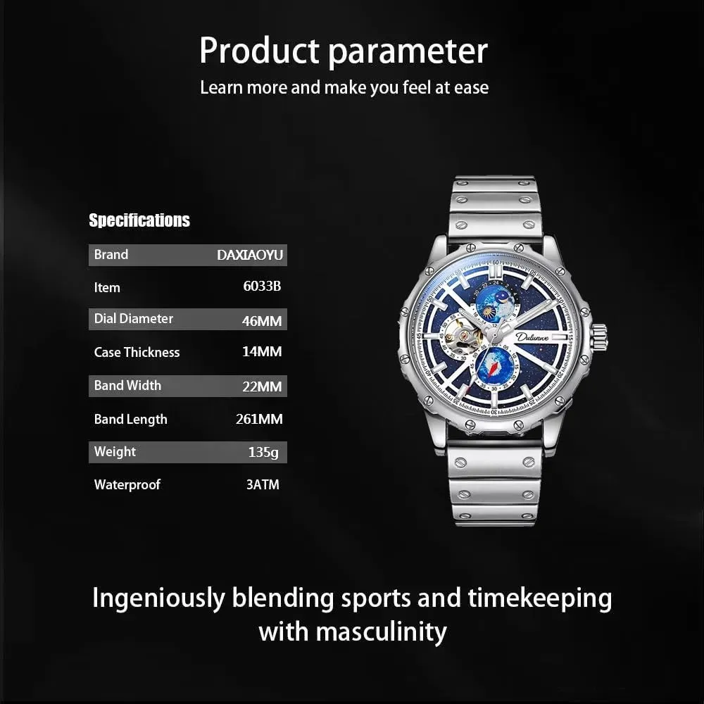 Men's Mechanical Watch Moon Phase Starry Sky Dial Luxury Business Stainless Steel Stopwatch Waterproof Night Glow Automatic Watches