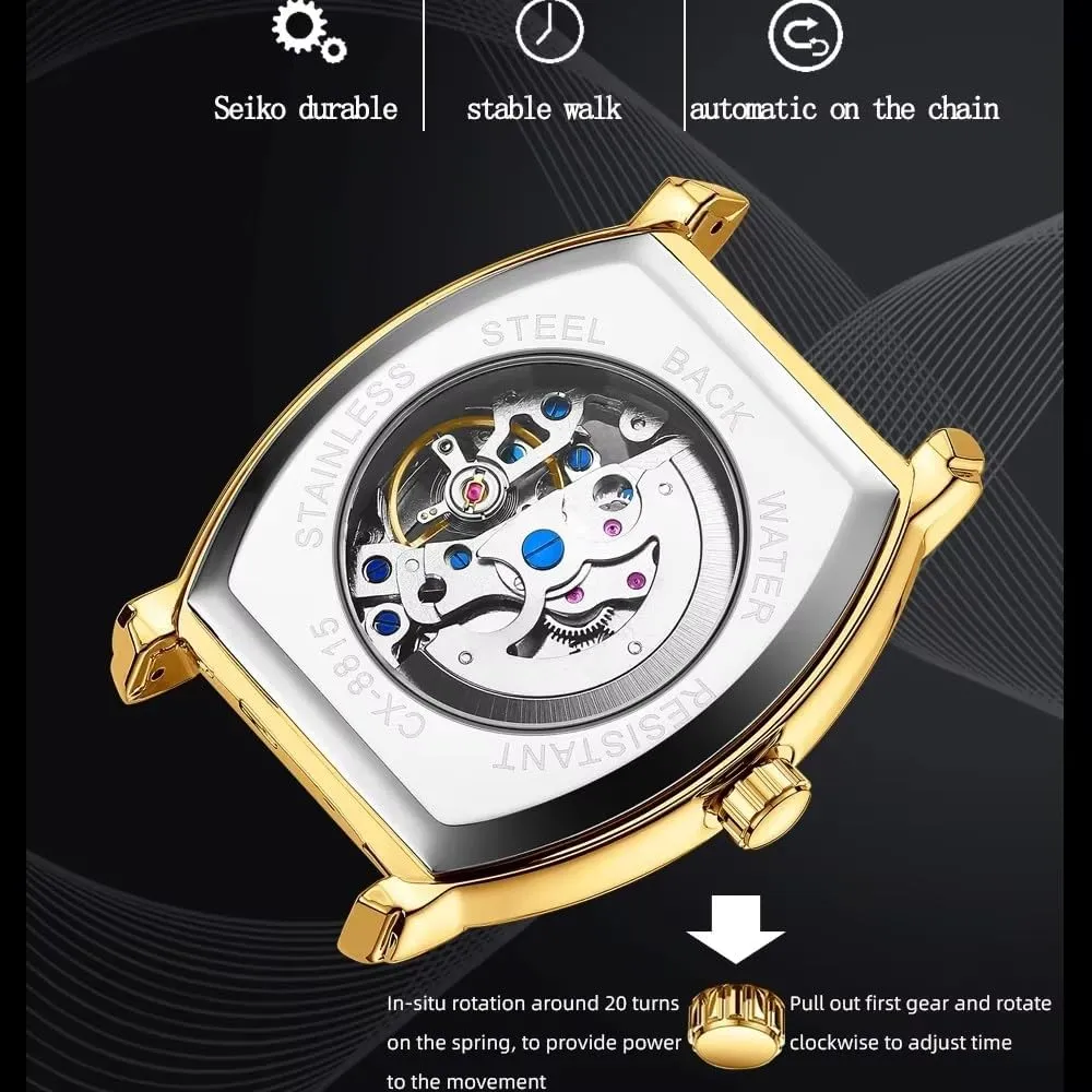 Men's Mechanical Watch New Barrel Type Automatic Hollow Luminous Waterproof Stainless Steel Golden Watches for Male