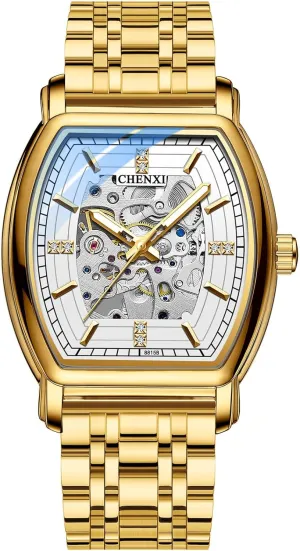 Men's Mechanical Watch New Barrel Type Automatic Hollow Luminous Waterproof Stainless Steel Golden Watches for Male