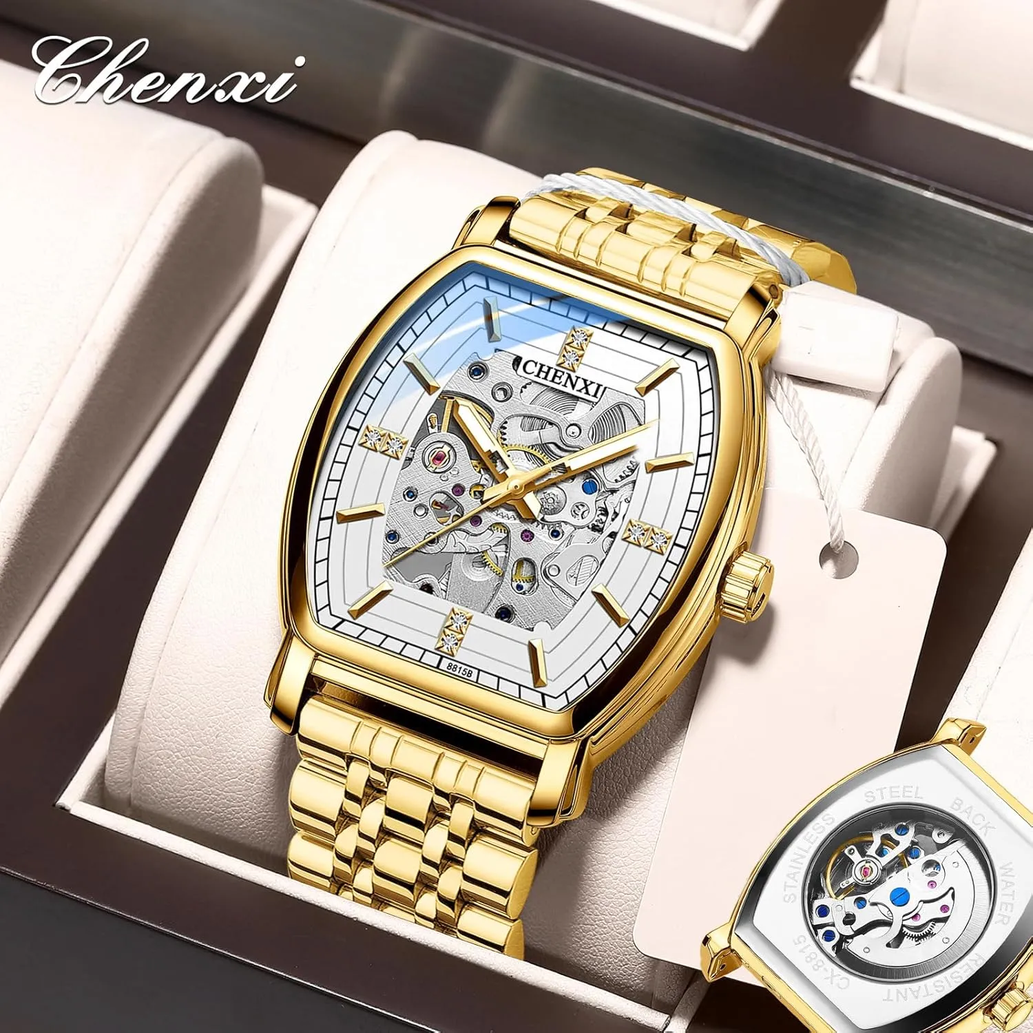 Men's Mechanical Watch New Barrel Type Automatic Hollow Luminous Waterproof Stainless Steel Golden Watches for Male