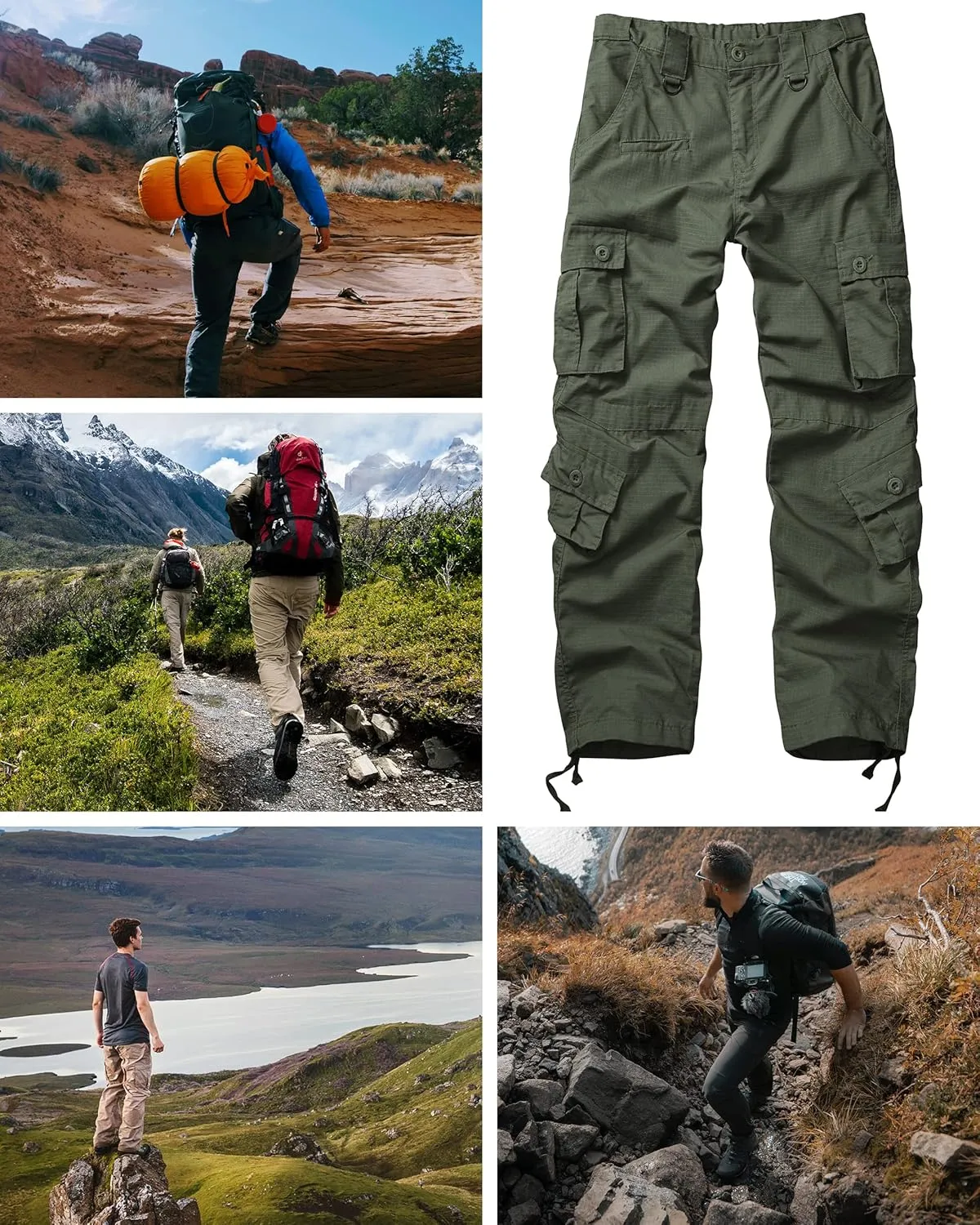 Men's Outdoor Hiking Pants, Elastic Waist Cargo Pants for Men Casual Work Ripstop Tactical Pants with 9 Pockets