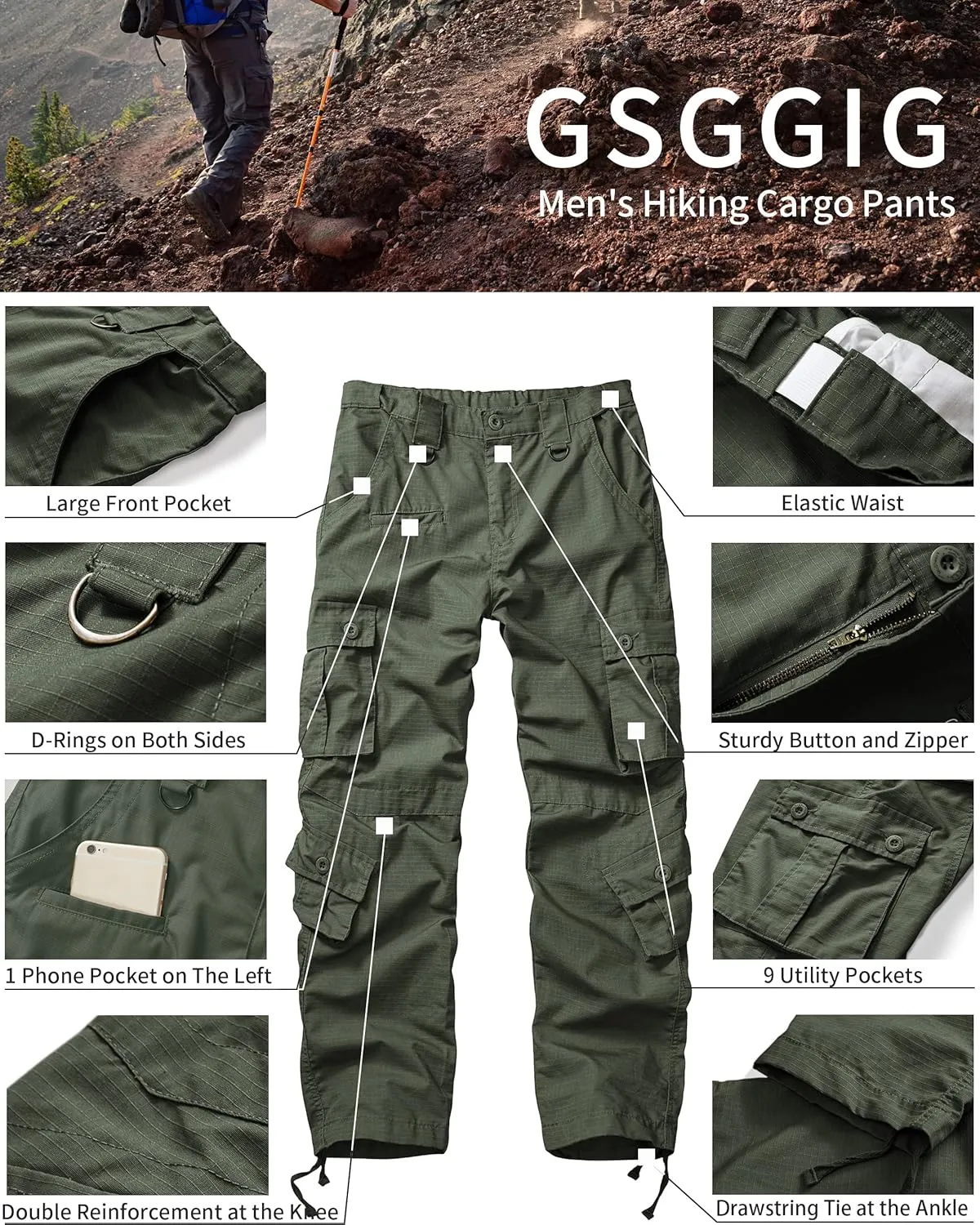 Men's Outdoor Hiking Pants, Elastic Waist Cargo Pants for Men Casual Work Ripstop Tactical Pants with 9 Pockets