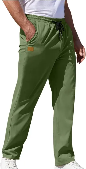 Mens Pants Cargo Elastic Waist Drawstring Straight Pants with Pocket Casual Outdoor Jogger Running Sport Trousers