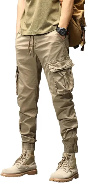Men's Regular Fit Cargo Pants Drawstring Cotton Multi Pockets Tactical Pants