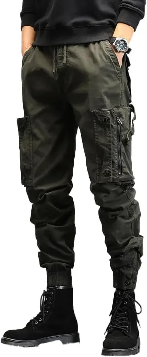 Men's Regular Fit Tactical Cargo Pants Drawstring Cotton 3D Pockets Work Pants