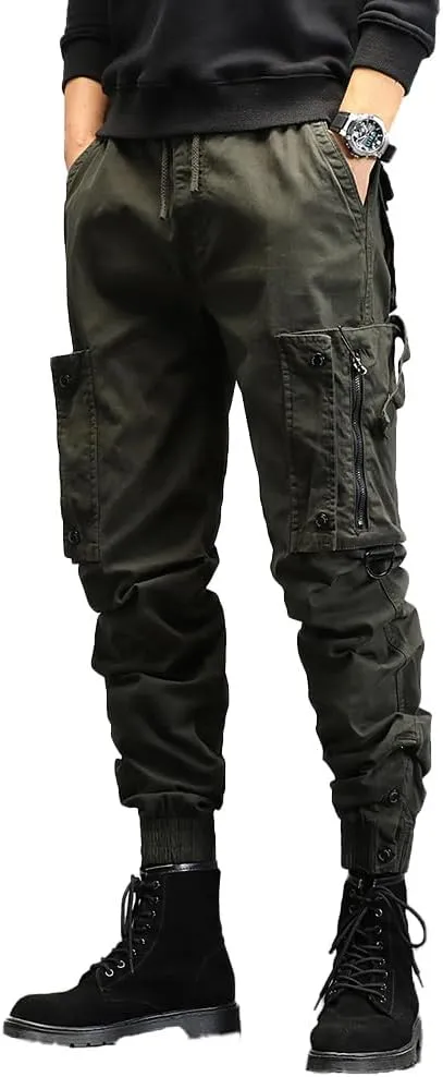 Men's Regular Fit Tactical Cargo Pants Drawstring Cotton 3D Pockets Work Pants