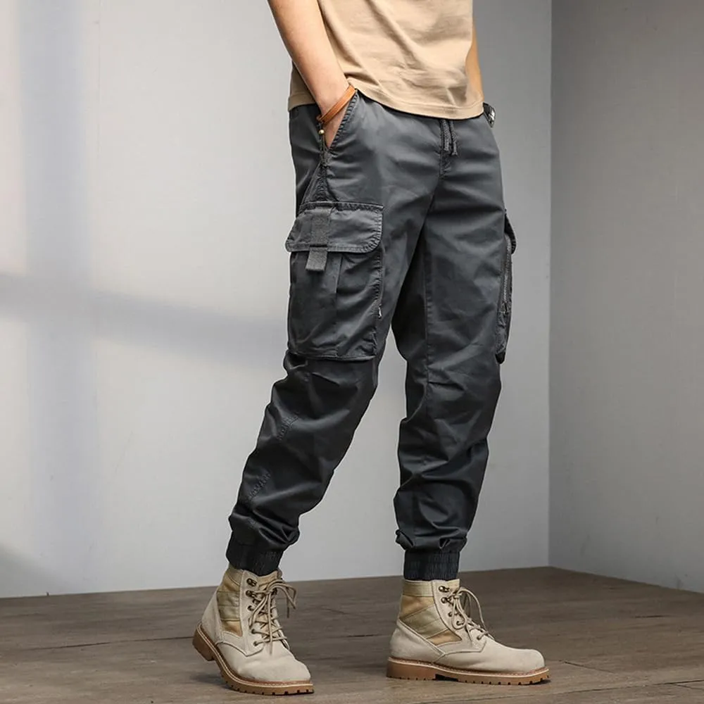 Men's Relaxed Fit Cargo Pants Drawstring Cotton Zipper Pockets Tactical Pants
