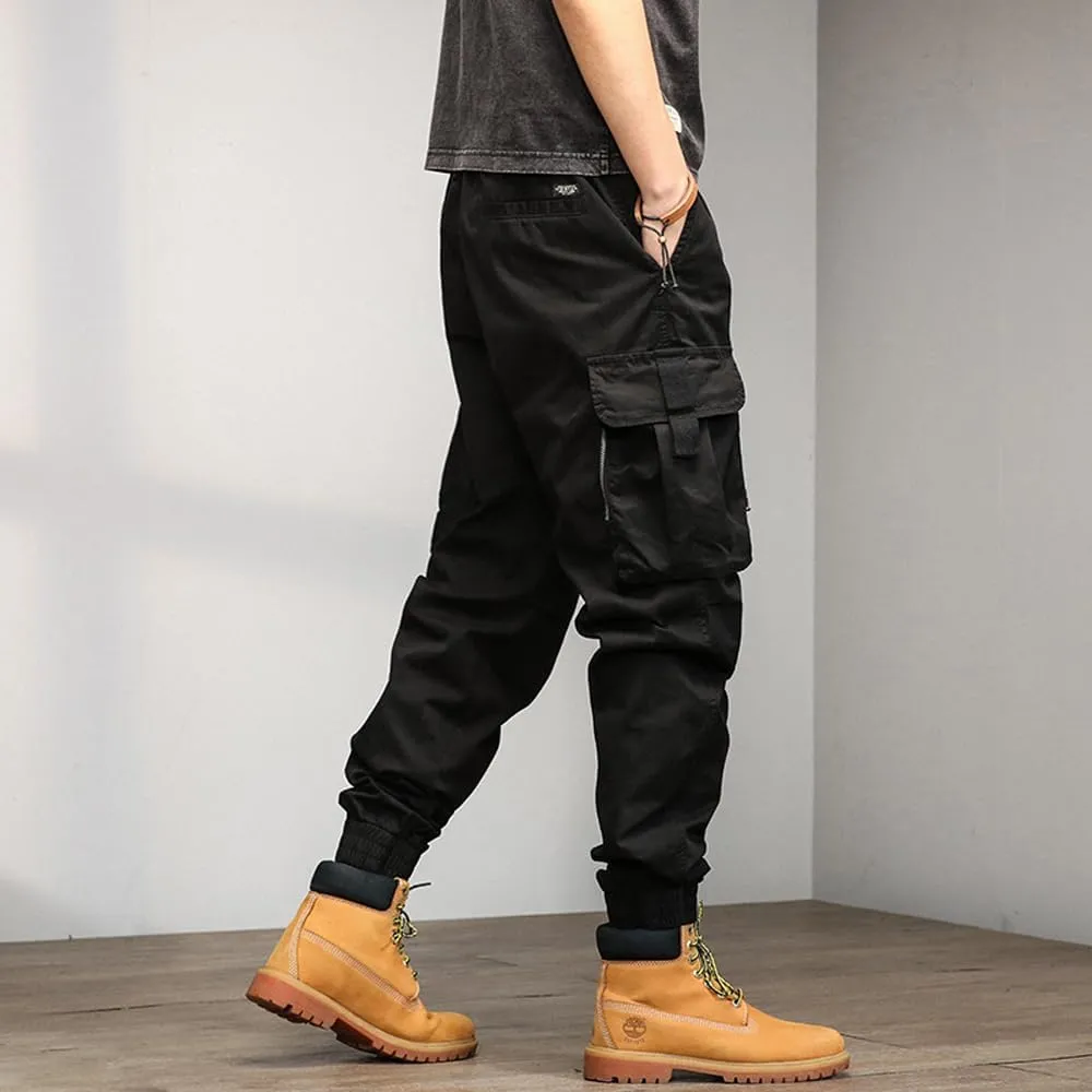 Men's Relaxed Fit Cargo Pants Drawstring Cotton Zipper Pockets Tactical Pants