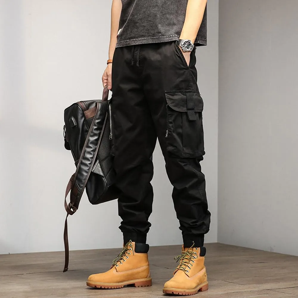 Men's Relaxed Fit Cargo Pants Drawstring Cotton Zipper Pockets Tactical Pants