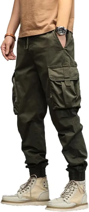 Men's Relaxed Fit Cargo Pants Drawstring Cotton Zipper Pockets Tactical Pants