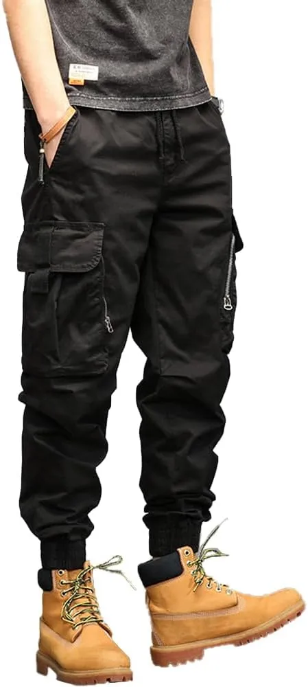 Men's Relaxed Fit Cargo Pants Drawstring Cotton Zipper Pockets Tactical Pants