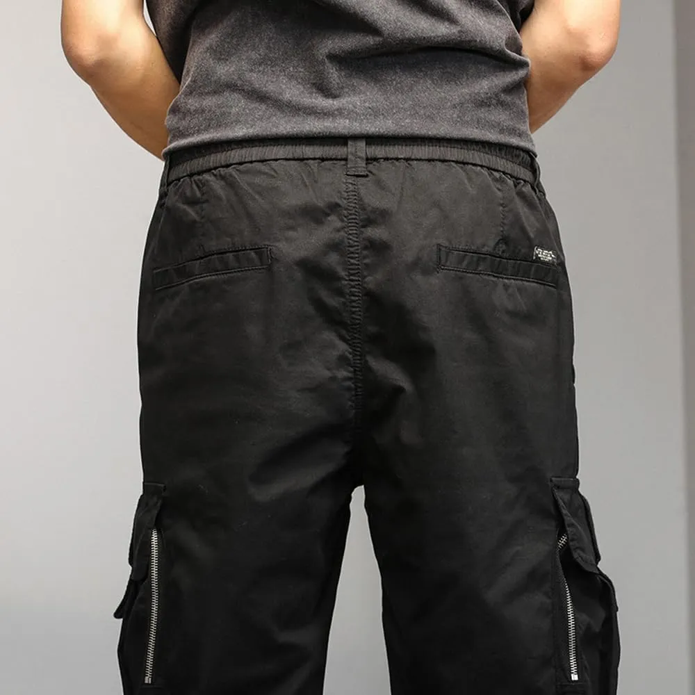 Men's Relaxed Fit Cargo Pants Drawstring Cotton Zipper Pockets Tactical Pants