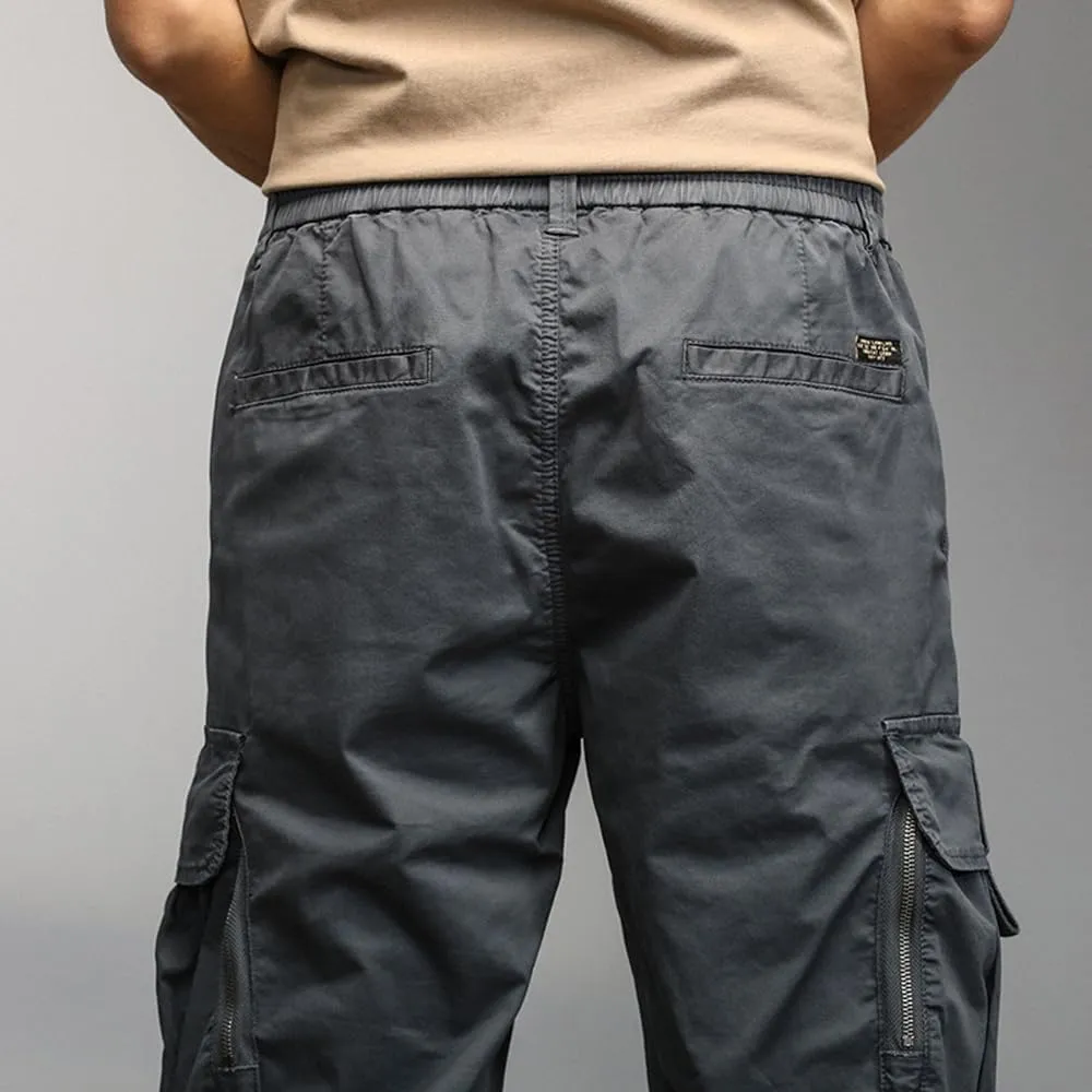Men's Relaxed Fit Cargo Pants Drawstring Cotton Zipper Pockets Tactical Pants