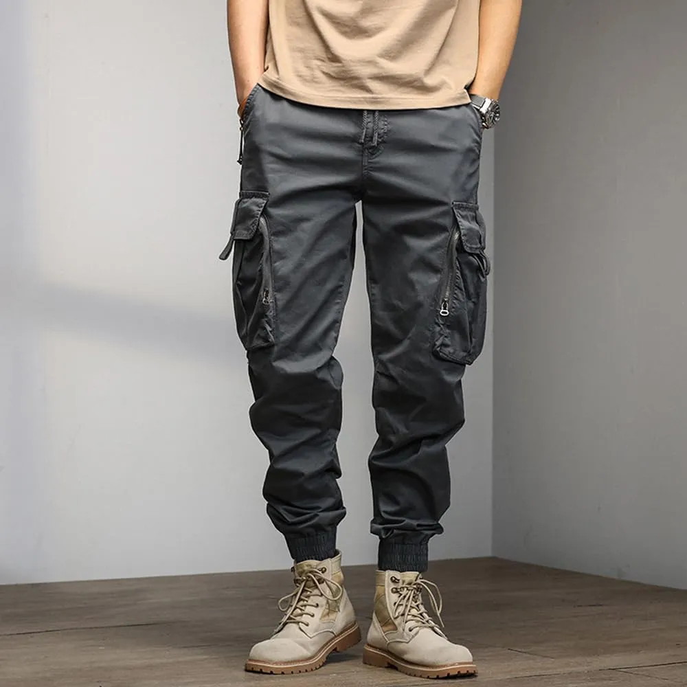 Men's Relaxed Fit Cargo Pants Drawstring Cotton Zipper Pockets Tactical Pants