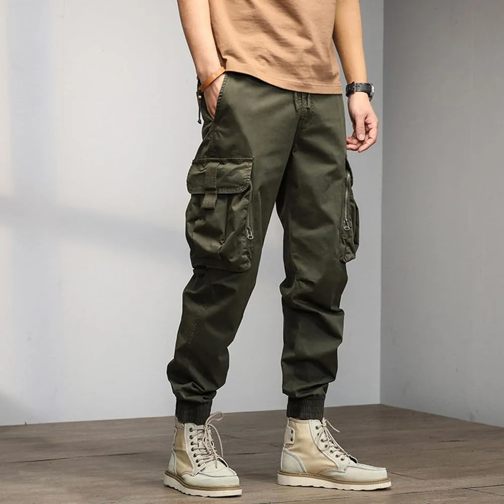 Men's Relaxed Fit Cargo Pants Drawstring Cotton Zipper Pockets Tactical Pants