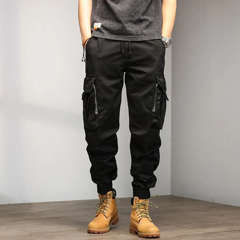 Men's Relaxed Fit Cargo Pants Drawstring Cotton Zipper Pockets Tactical Pants