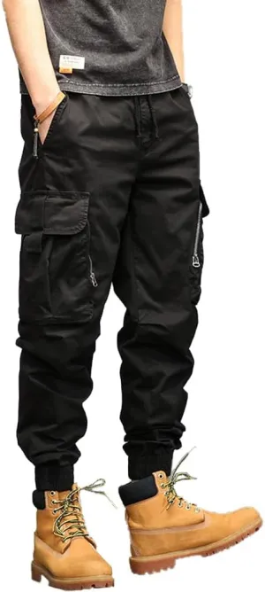 Men's Relaxed Fit Cargo Pants Drawstring Cotton Zipper Pockets Tactical Pants