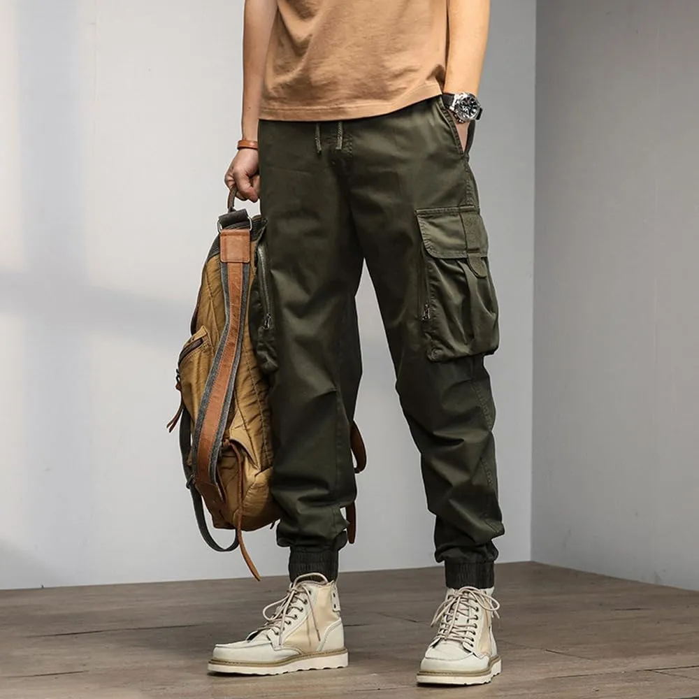 Men's Relaxed Fit Cargo Pants Drawstring Cotton Zipper Pockets Tactical Pants