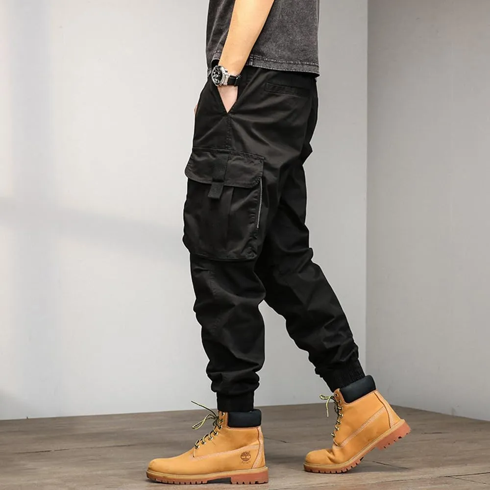 Men's Relaxed Fit Cargo Pants Drawstring Cotton Zipper Pockets Tactical Pants