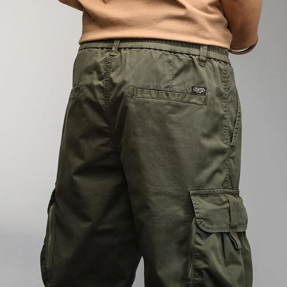 Men's Relaxed Fit Cargo Pants Drawstring Cotton Zipper Pockets Tactical Pants