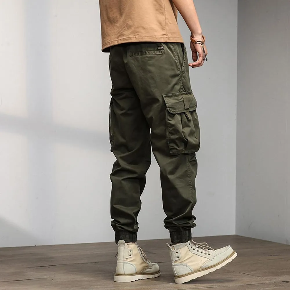 Men's Relaxed Fit Cargo Pants Drawstring Cotton Zipper Pockets Tactical Pants