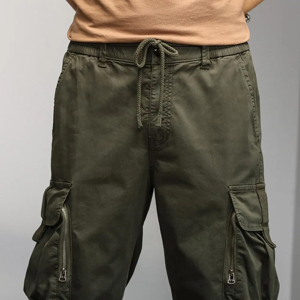 Men's Relaxed Fit Cargo Pants Drawstring Cotton Zipper Pockets Tactical Pants