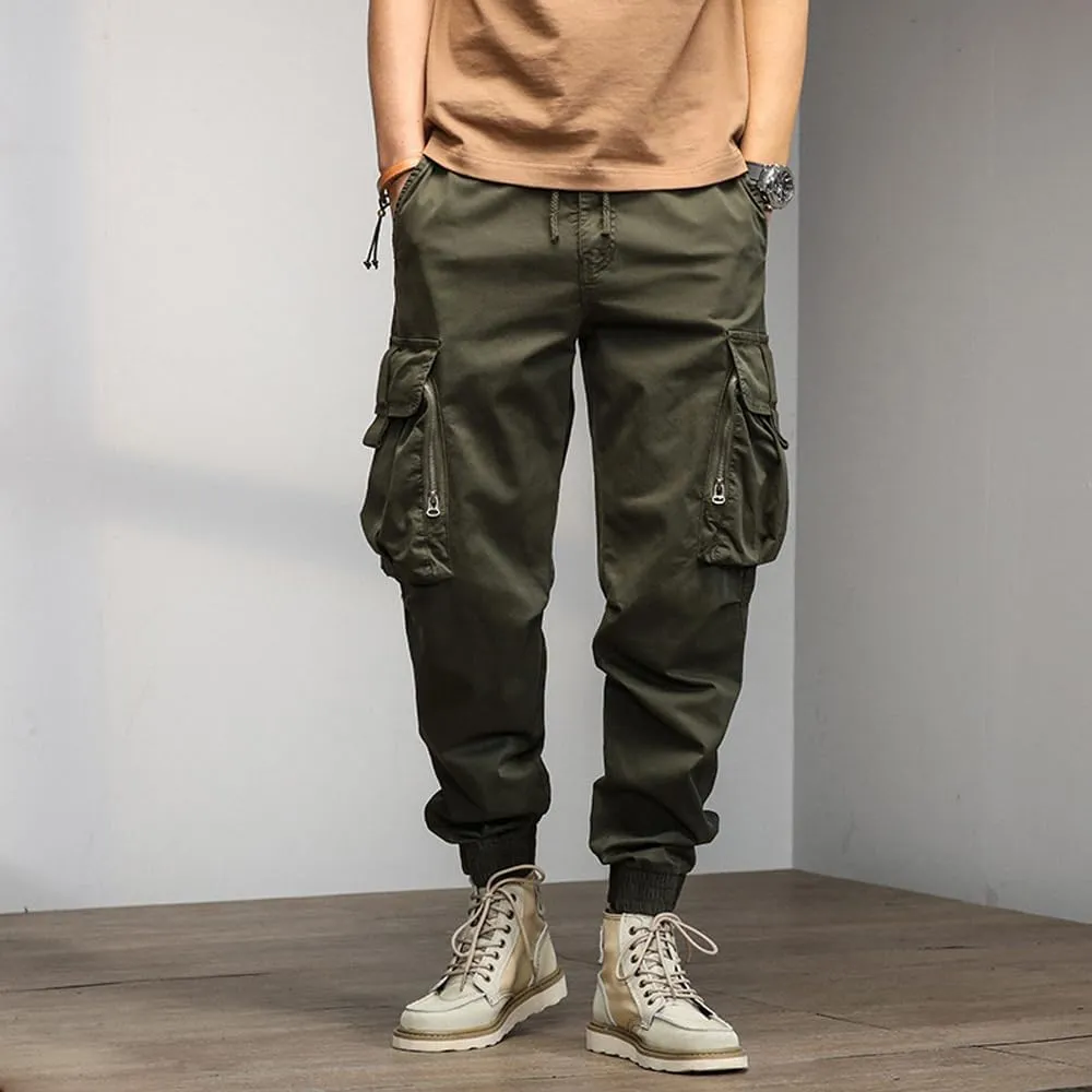 Men's Relaxed Fit Cargo Pants Drawstring Cotton Zipper Pockets Tactical Pants