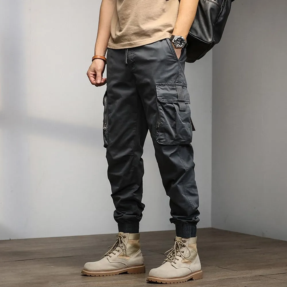 Men's Relaxed Fit Cargo Pants Drawstring Cotton Zipper Pockets Tactical Pants