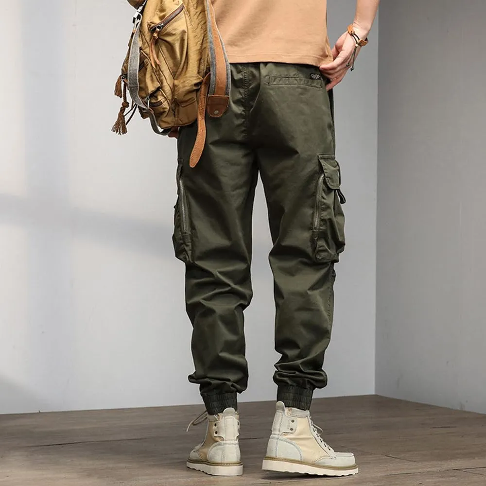 Men's Relaxed Fit Cargo Pants Drawstring Cotton Zipper Pockets Tactical Pants
