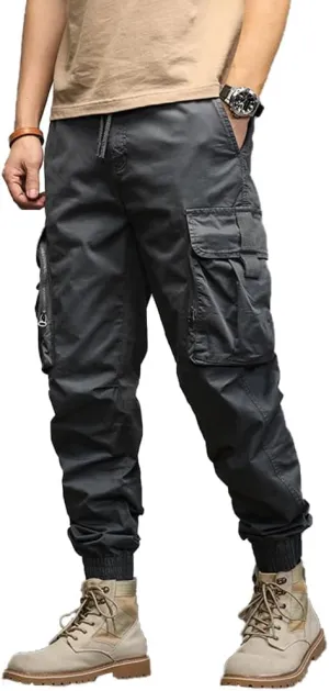 Men's Relaxed Fit Cargo Pants Drawstring Cotton Zipper Pockets Tactical Pants