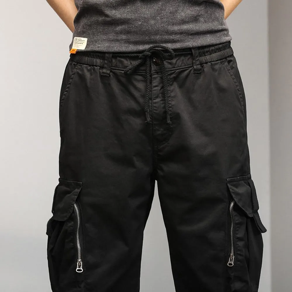Men's Relaxed Fit Cargo Pants Drawstring Cotton Zipper Pockets Tactical Pants