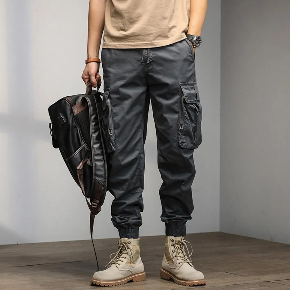 Men's Relaxed Fit Cargo Pants Drawstring Cotton Zipper Pockets Tactical Pants
