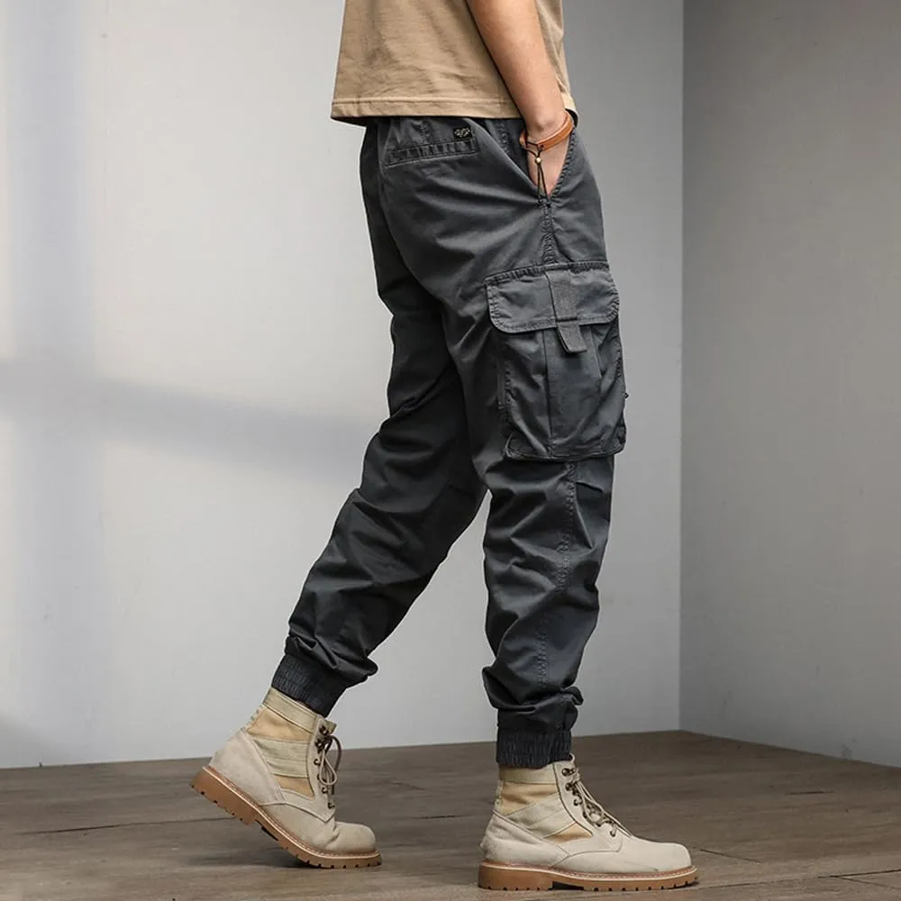 Men's Relaxed Fit Cargo Pants Drawstring Cotton Zipper Pockets Tactical Pants