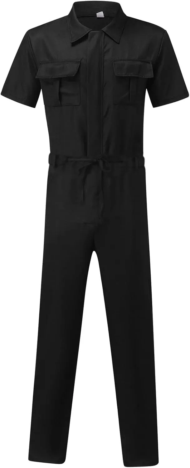 Mens Short Sleeve Cargo Rompers Button Down Summer One Piece Jumpsuits with Pockets Casual Overalls Trousers