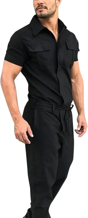 Mens Short Sleeve Cargo Rompers Button Down Summer One Piece Jumpsuits with Pockets Casual Overalls Trousers