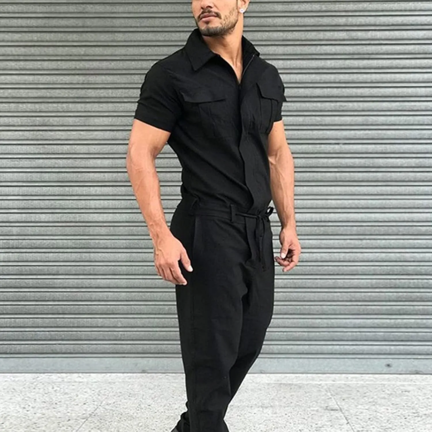 Mens Short Sleeve Cargo Rompers Button Down Summer One Piece Jumpsuits with Pockets Casual Overalls Trousers