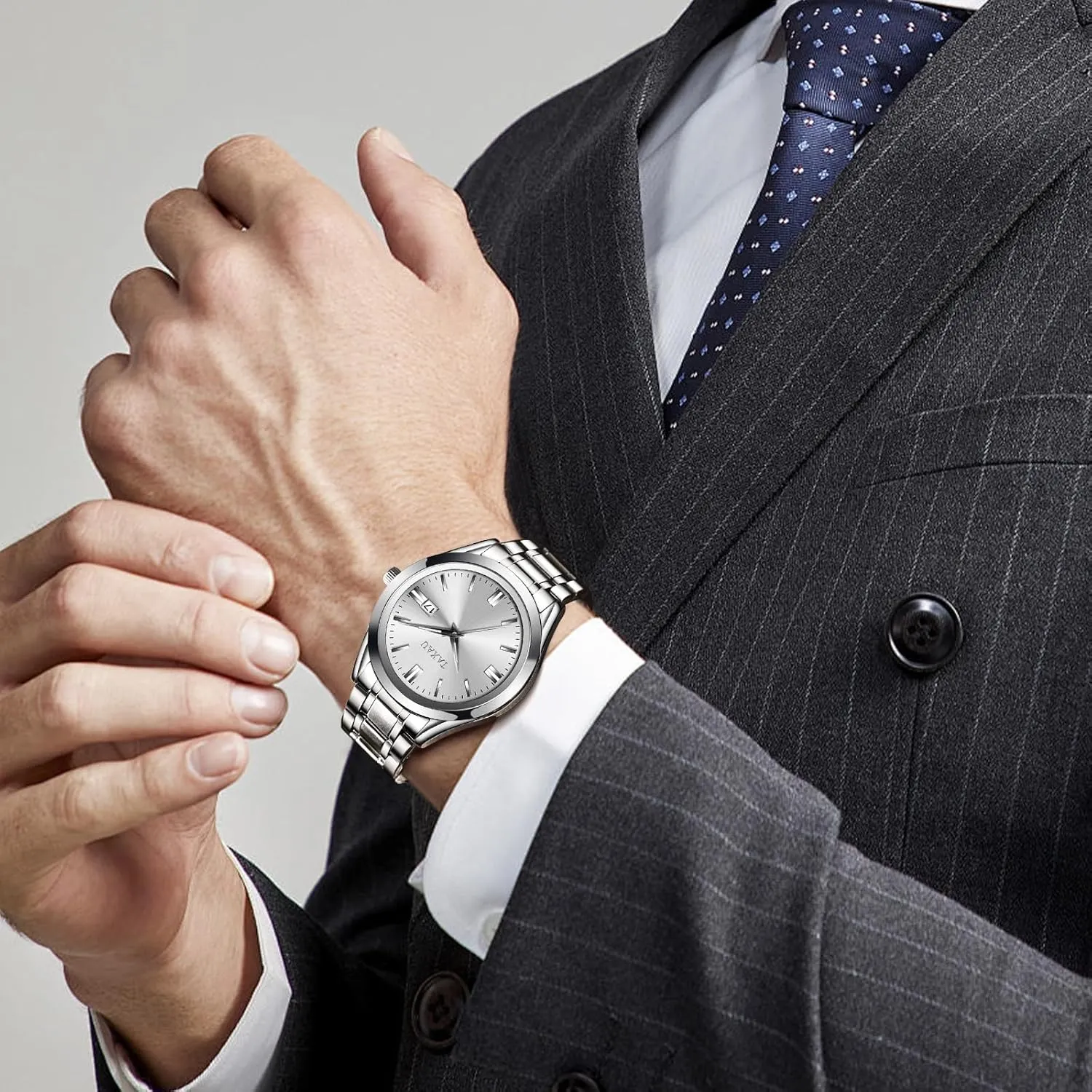 Mens Silver Watch Luxury Minimalist Dress Watch Waterproof Watches for Men Analog Quartz Stainless Steel Men's Wrist Watches with Date Luminous